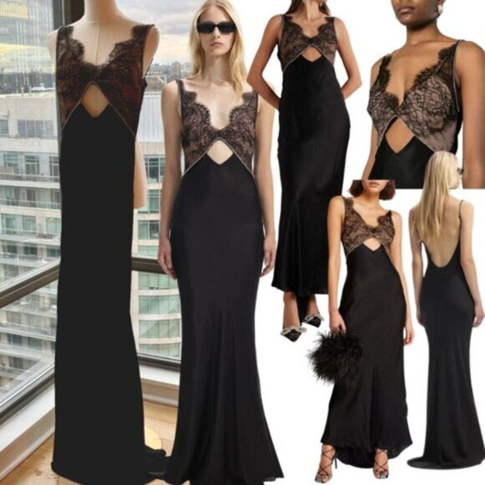 🆕 SELF PORTRAIT 🧿 NWOT Black Lace Satin Maxi Dress, Sz UK 4 / US 0